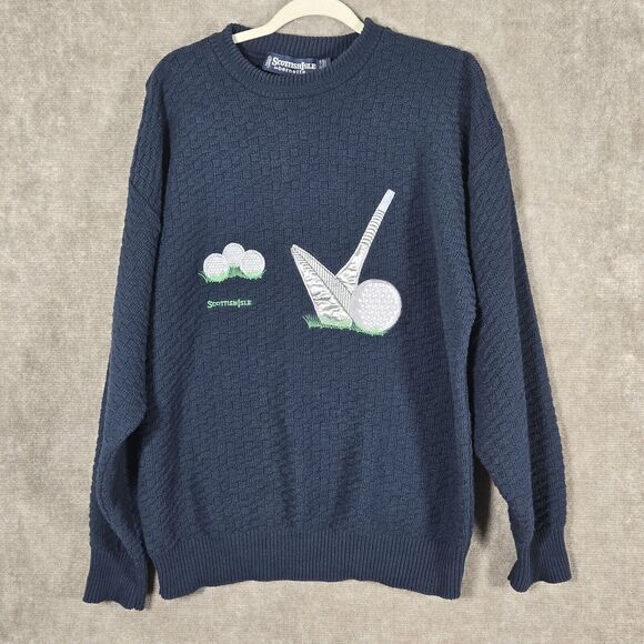 Vintage Other - Vintage Scottish Isle Golf Sweater Mens Large Blue Hand Framed Knit Applique